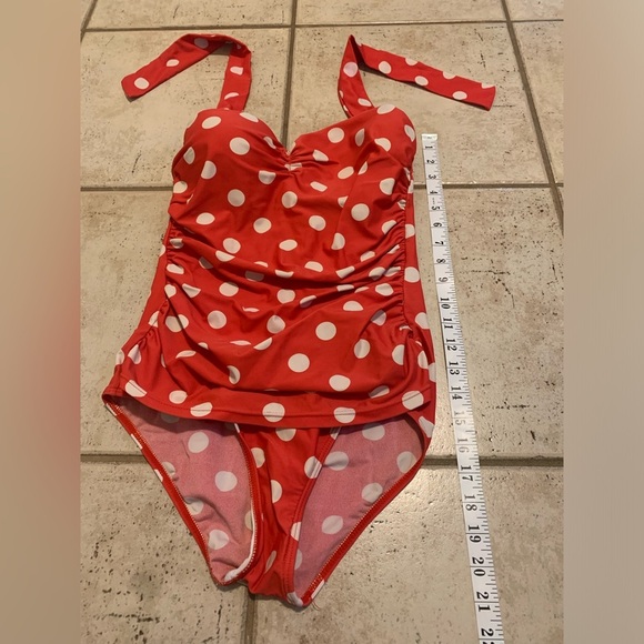 Retro Red & White Polka Dot Ruched Halter One-Piece Swimsuit- Small - Picture 5 of 5